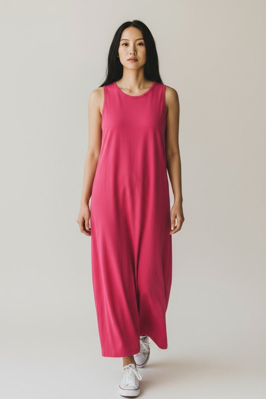 Eileen Fisher Maxi Dress Womens PS Fuchsia Pink Sleeveless Stretch Jersey Knit